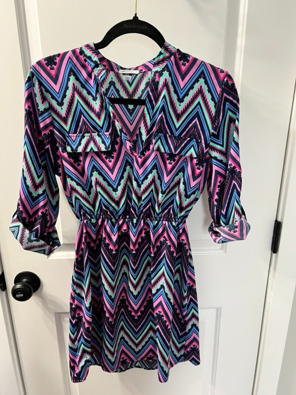 Ardene Petite Small Chevron Print Dress Pink Blue Geometric Elastic Waist